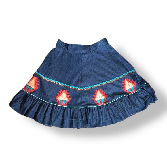 Vintage Handmade Southwest Denim Skirt Tiered Ruffle Hem Abstract Art Appliqué - Picture 1 of 13